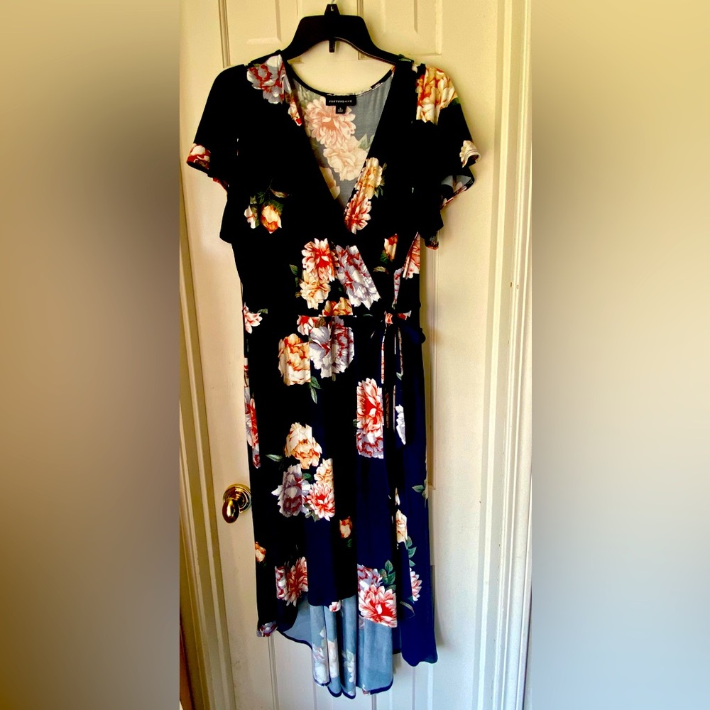 Fortune+Ivy 1X Navy w/ Brown Grey Dark Green White Flowers Hi-Lo Mock Wrap Dress